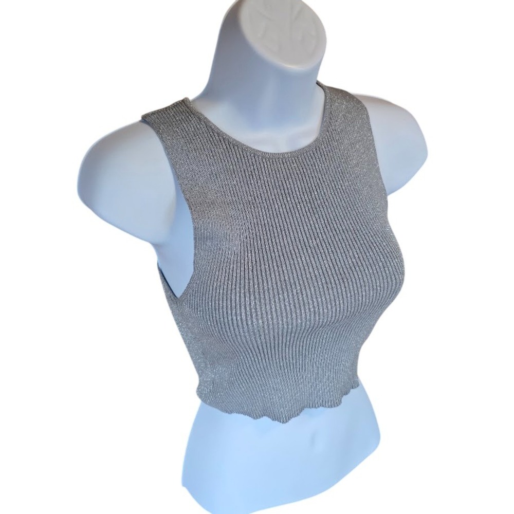 Zara Knit‎ Crop Tank Top Women M Silver Metallic Ribbed Sleeveless Shimmer Mini